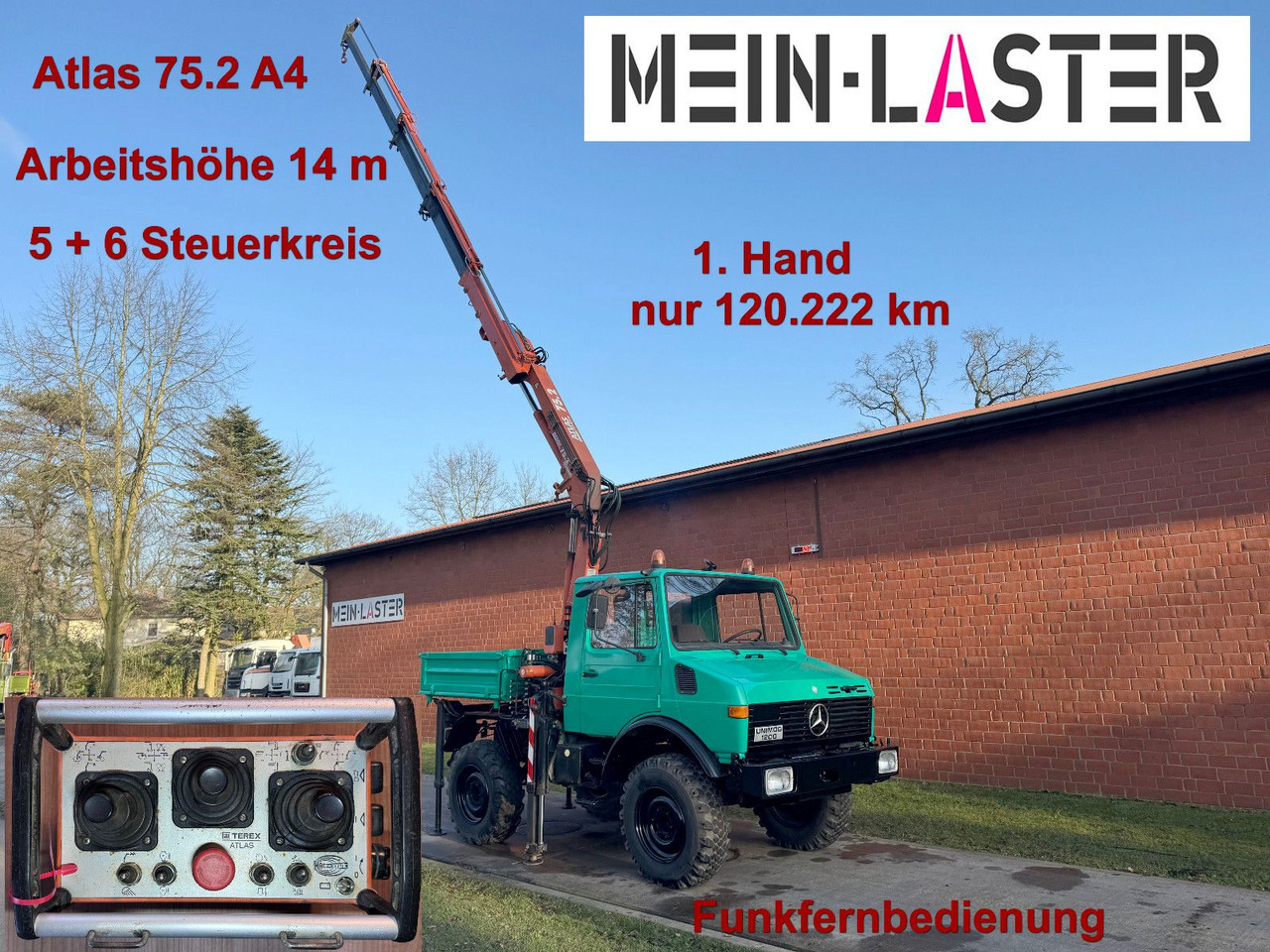 Unimog U 1200 Atlas 75.2 Kran 14 m Funk FB *1. Hand - Camion cu macara: Foto 1 Unimog U 1200 Atlas 75.2 Kran 14 m Funk FB *1. Hand - Camion cu macara: Foto 1