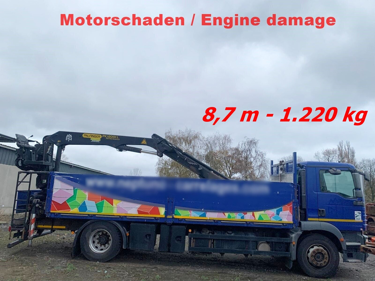 MAN TGM 18.290 4x2 BL mit MOTORSCHADEN! TGM 18.290 4x2 BL, Heckkran Palfinger PK12001L, MOTORSCHADEN! - Camion cu macara, Camion platformă: Foto 1 MAN TGM 18.290 4x2 BL mit MOTORSCHADEN! TGM 18.290 4x2 BL, Heckkran Palfinger PK12001L, MOTORSCHADEN! - Camion cu macara, Camion platformă: Foto 1