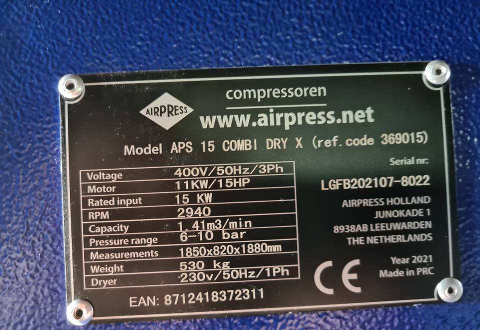 Kompresor śrubowy AIRPRESS APS 15 COMBI DRY X, 11 kw, 2021r - Compresor de aer: Foto 5 Kompresor śrubowy AIRPRESS APS 15 COMBI DRY X, 11 kw, 2021r - Compresor de aer: Foto 5