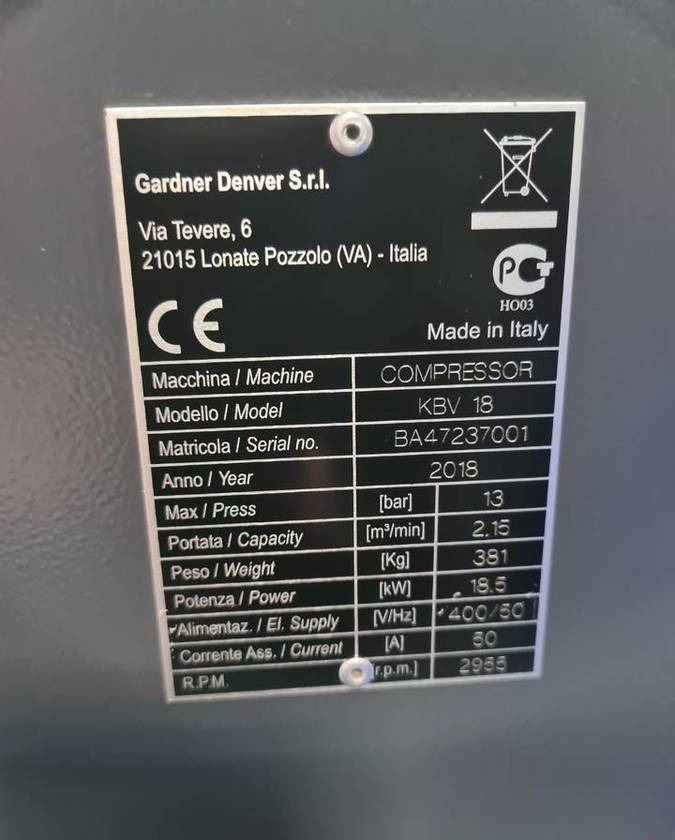 Kompresor śrubowy GARDNER DENVER KBV 18 18,5 kw, 2018r, Falownik - Compresor de aer: Foto 4 Kompresor śrubowy GARDNER DENVER KBV 18 18,5 kw, 2018r, Falownik - Compresor de aer: Foto 4