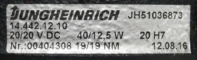 Jungheinrich 51036873 | Brake electric 20Volt+20Volt 19+19nm sn. 00404308 - Sistem electric pentru Stivuitor: Foto 2 Jungheinrich 51036873 | Brake electric 20Volt+20Volt 19+19nm sn. 00404308 - Sistem electric pentru Stivuitor: Foto 2