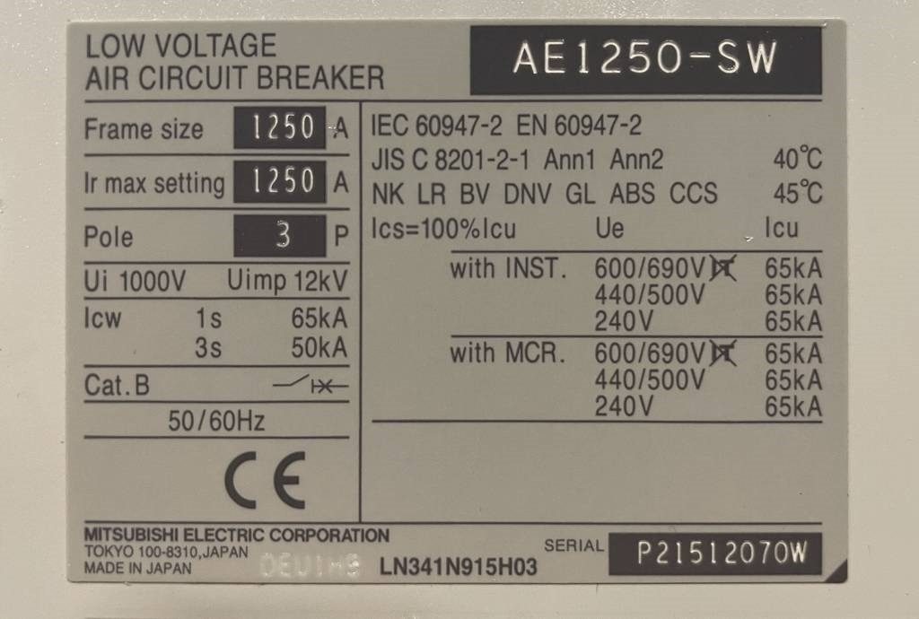 Utilaje constructii nou Mitsubishi Circuit breaker 1250A - AE1250-SW 3P - DPX-12648: Foto 6 Utilaje constructii nou Mitsubishi Circuit breaker 1250A - AE1250-SW 3P - DPX-12648: Foto 6